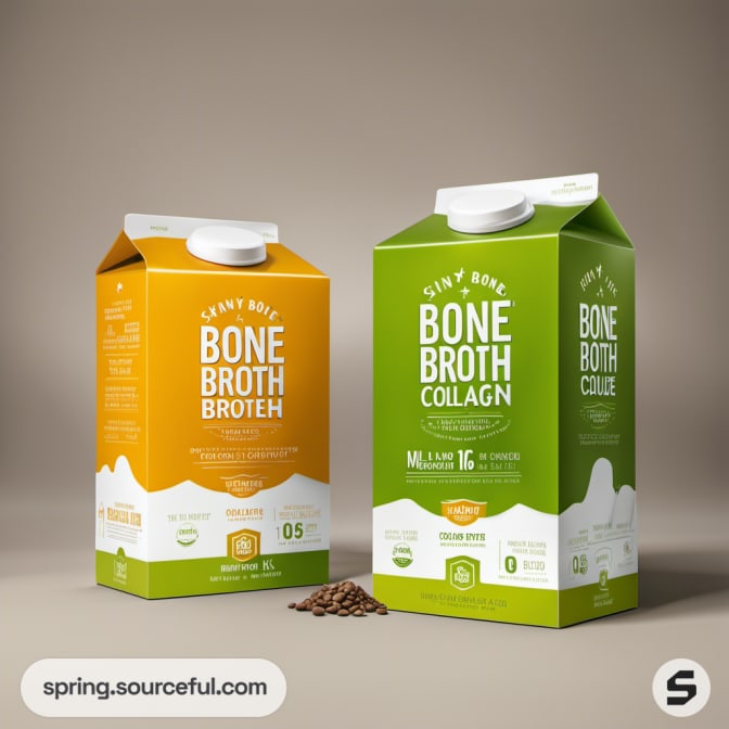 Orange and green bone broth cartons with text.