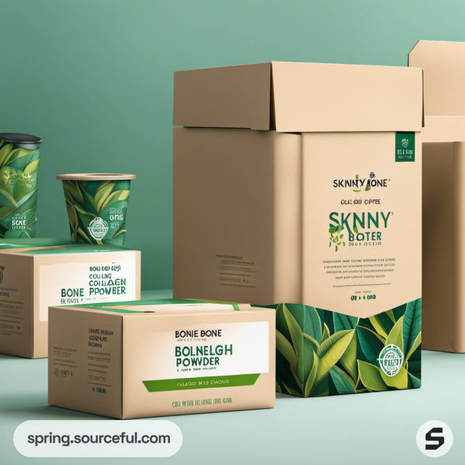 Green-themed packages for bone broth powder.