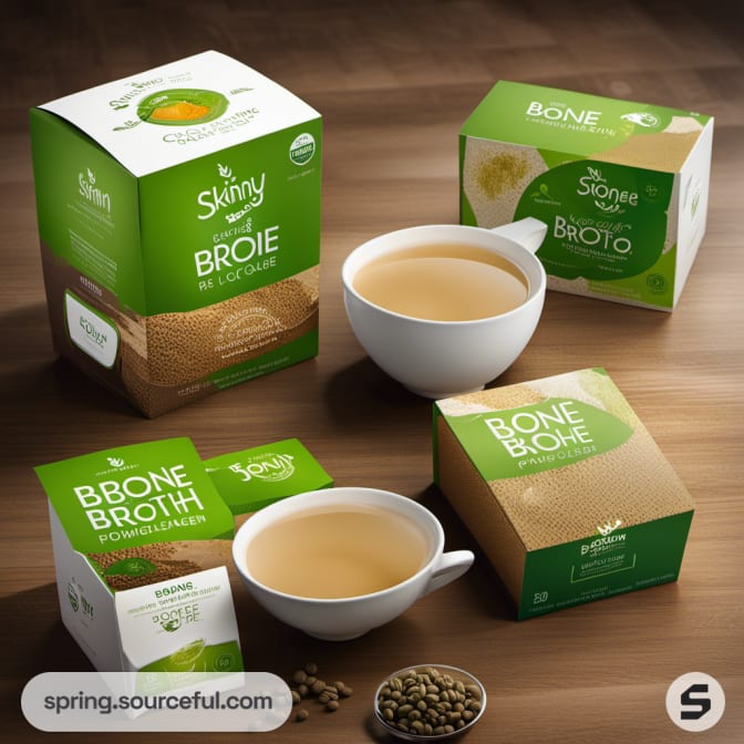 Bone broth boxes with tea cups on wood surface.