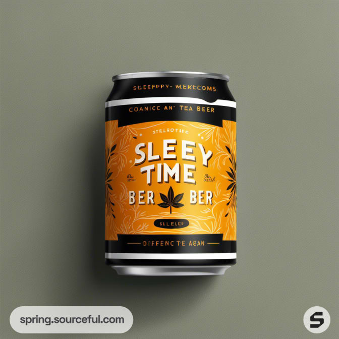 Orange can with leafy design on olive green background.