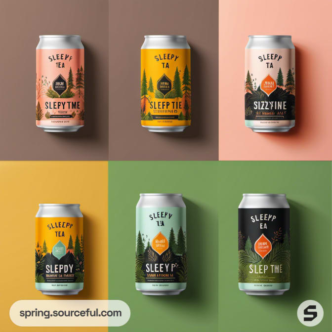 Six cans with various colors and designs on square backgrounds.