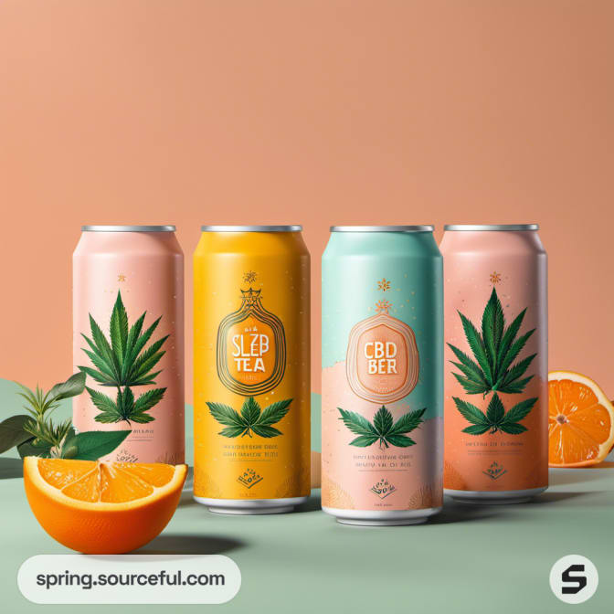 Four tall cans with leaf illustrations and citrus fruits.