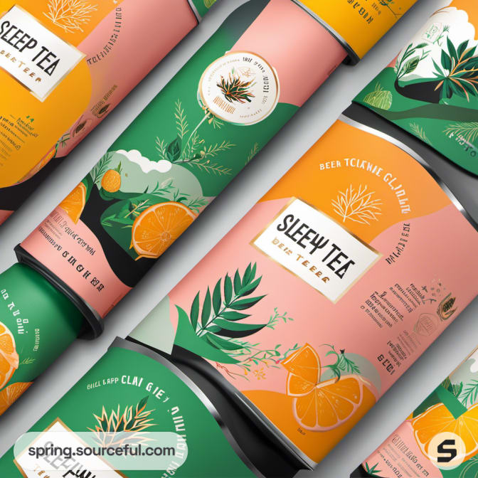 Colorful cans with leaf and citrus designs arranged diagonally.