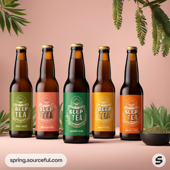 Five brown bottles with leaf designs and tropical decor.