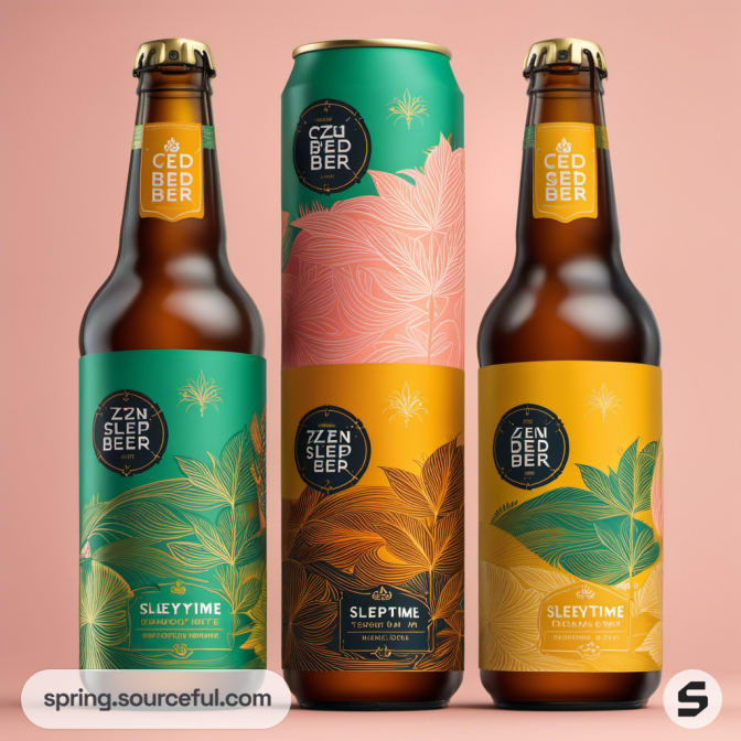 Mixed drinks in brown and tall cans with leaf motifs.