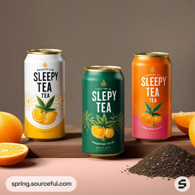 Three cans with citrus and tea designs next to orange slices.