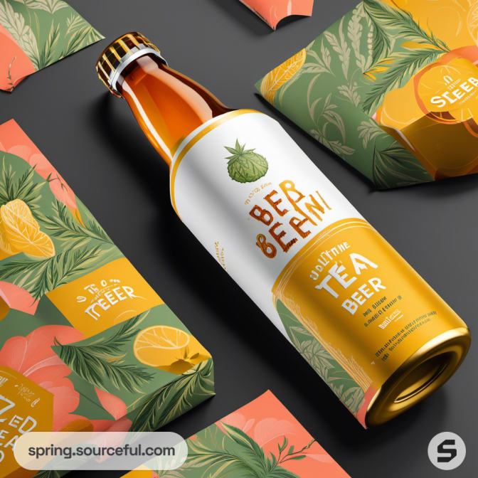Brown bottle and packaging with green and orange leaf designs.