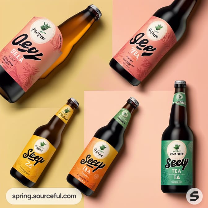 Five bottles with pink and orange labels on pastel backgrounds.