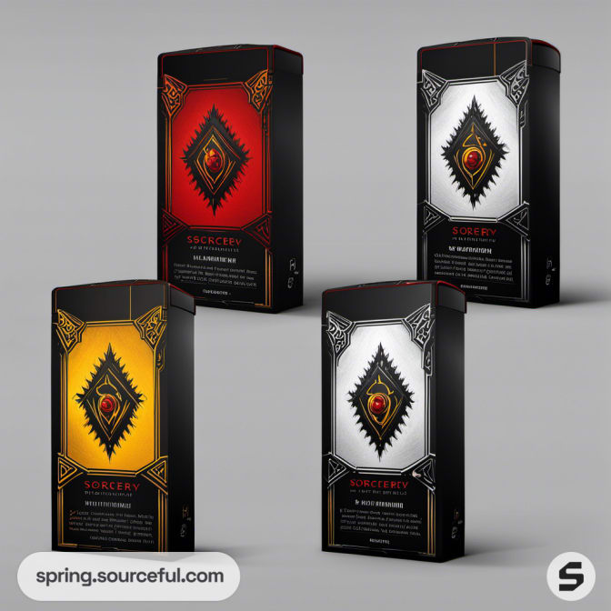 Four card game boxes with intricate designs in red, white, black, and yellow colors.