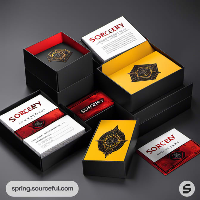 Card game boxes with red and yellow interiors showcasing designs and instructions.