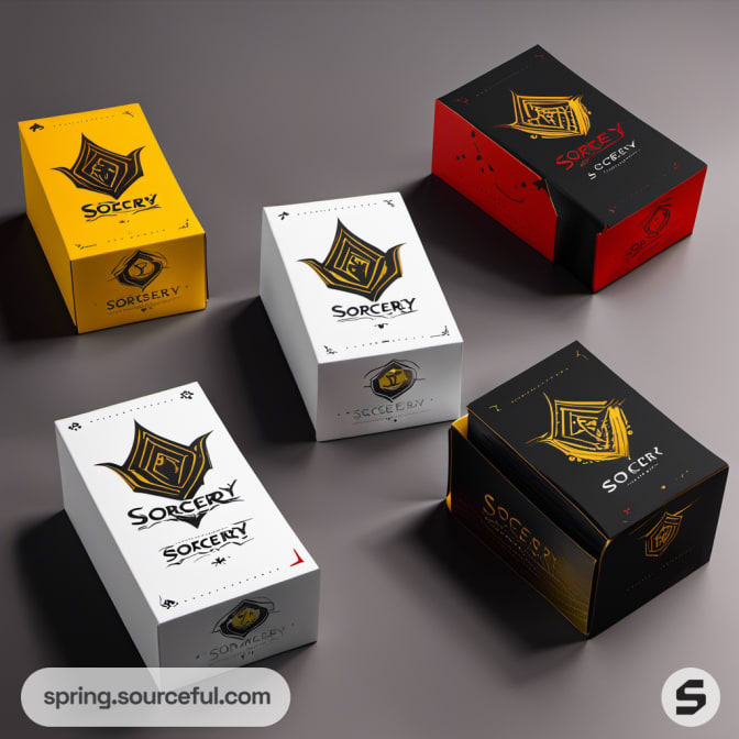 Stacked card game boxes in various colors with unique and intricate designs.