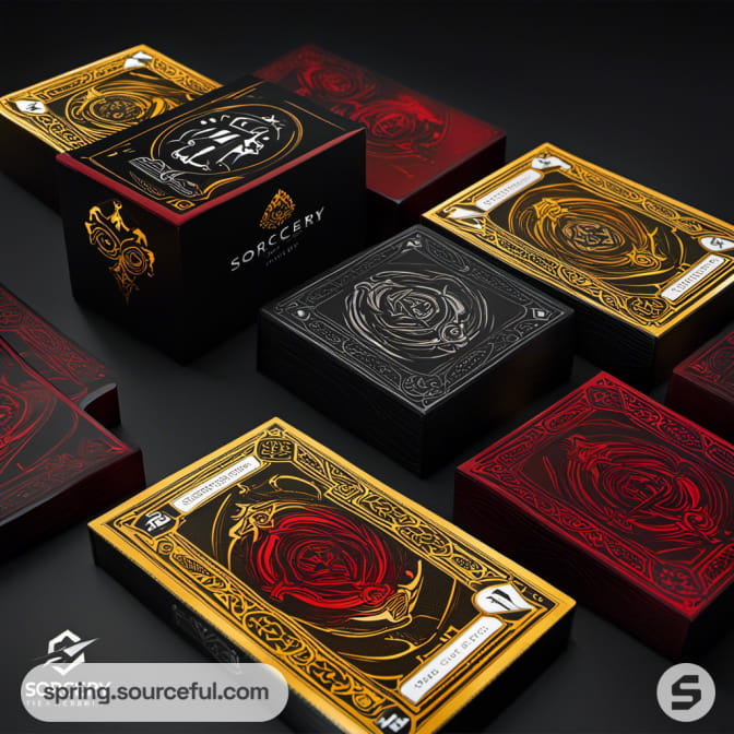 Assorted card game boxes with rose and decorative patterns in red, black, and gold.