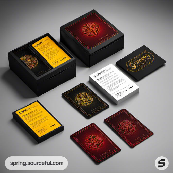 Black and red card game boxes with cards, showing detailed instructions and designs.