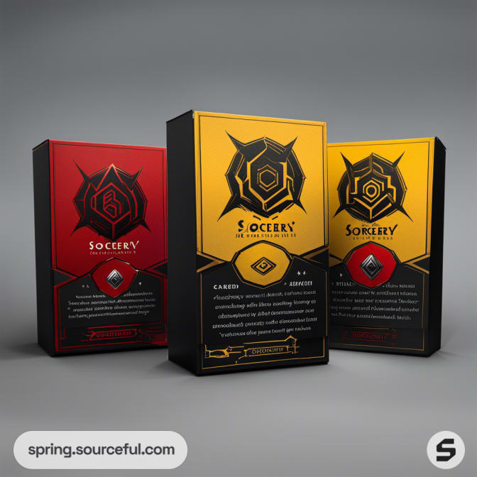 Trio of card game boxes in red and yellow with bold, geometric designs.