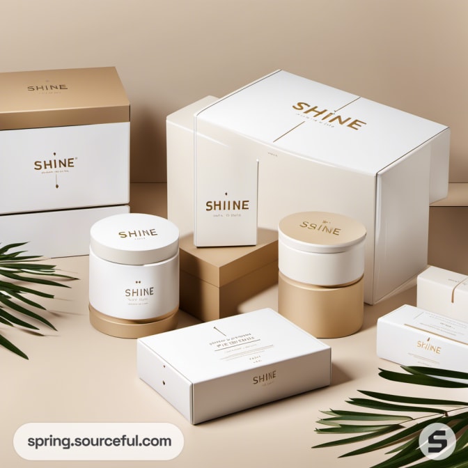 White and beige cosmetic packaging with 'SHINE' text on mailer boxes and jars.