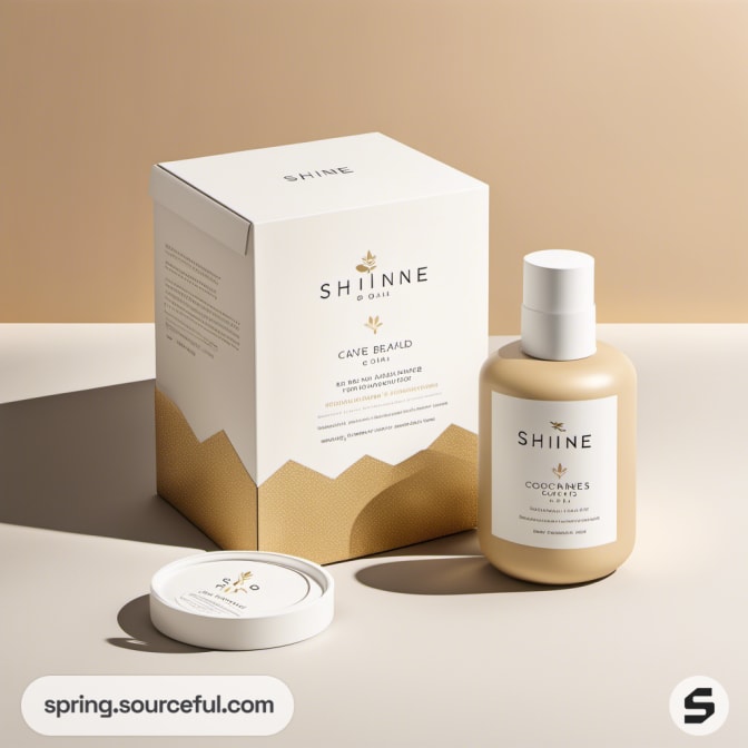 Beige skincare bottle with box, featuring 'SHINE' branding.