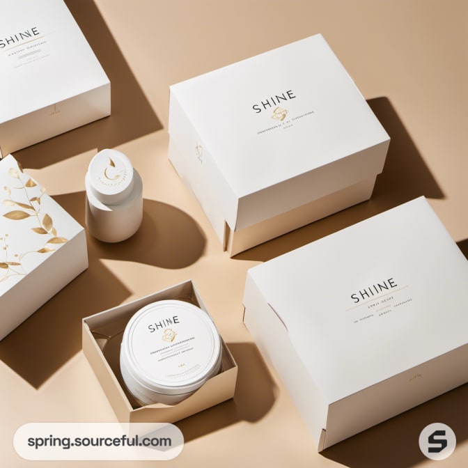 White boxes with 'SHINE' text and decorative elements on lids.