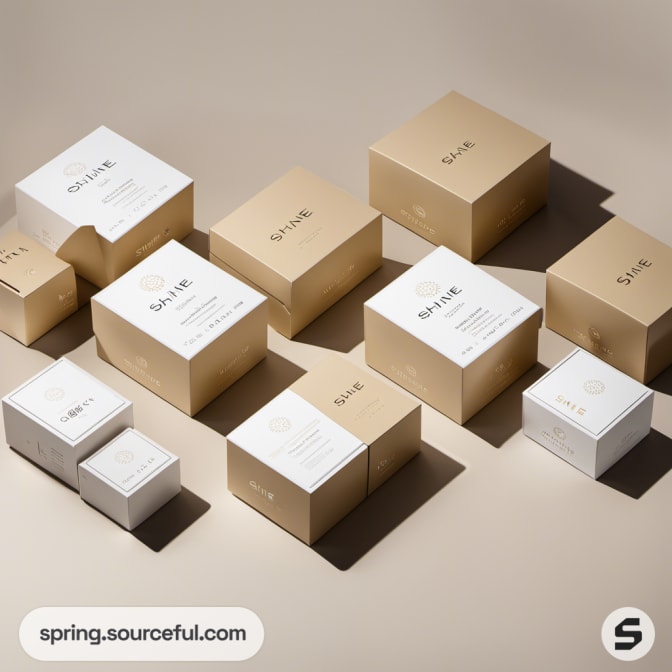 Assorted beige and white boxes with 'SHINE' branding.