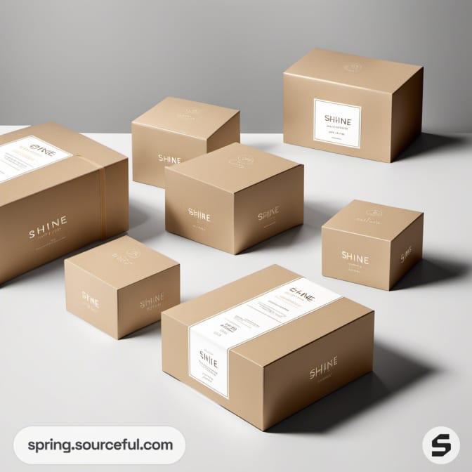 Multiple beige boxes with 'SHINE' text on a gray surface.