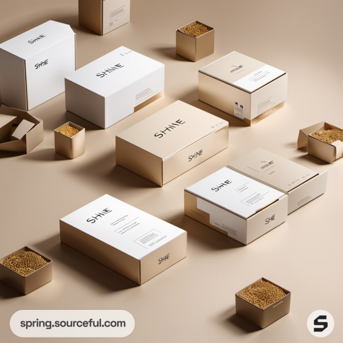 Assortment of beige and white mailer boxes with 'SHINE' text.