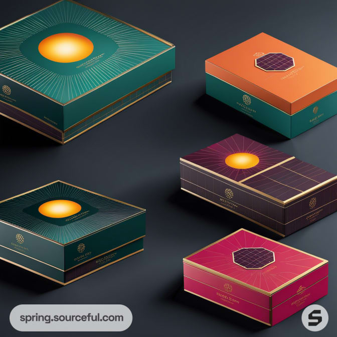 Colorful square boxes with geometric patterns and gold accents on a dark background.