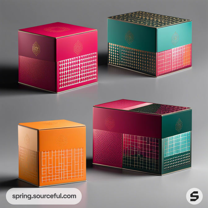 Colorful square boxes with geometric patterns on a gray background.