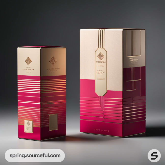 Elegant pink and beige tall boxes with geometric patterns on gradient backgrounds.