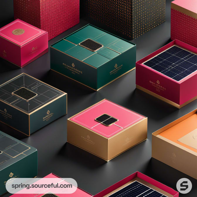 Elegant gift boxes in pink, green, and gold, arranged on a dark surface, with intricate patterns and clear lids.