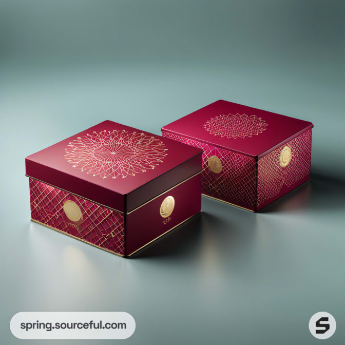 Red and gold decorative gift boxes with geometric patterns on a green background.