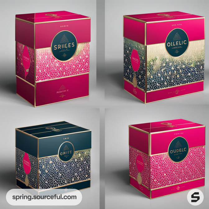Four vibrant, patterned boxes with pink and teal colors, each featuring unique geometric designs and gold accents.