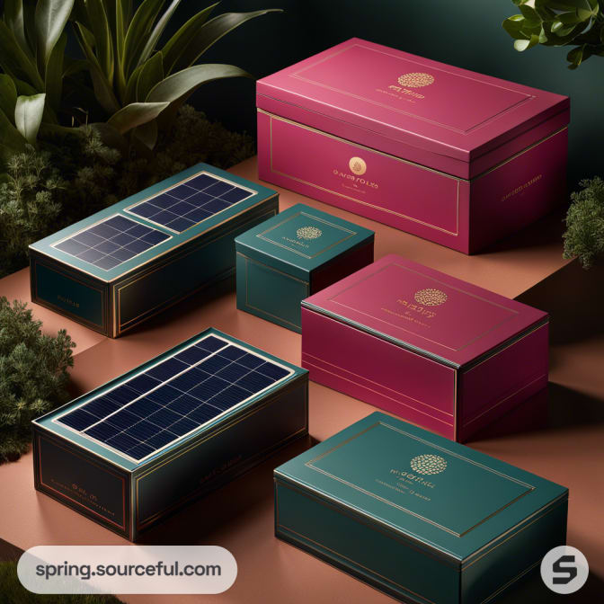 Assorted pink and green boxes with gold accents on a brown surface, surrounded by greenery.