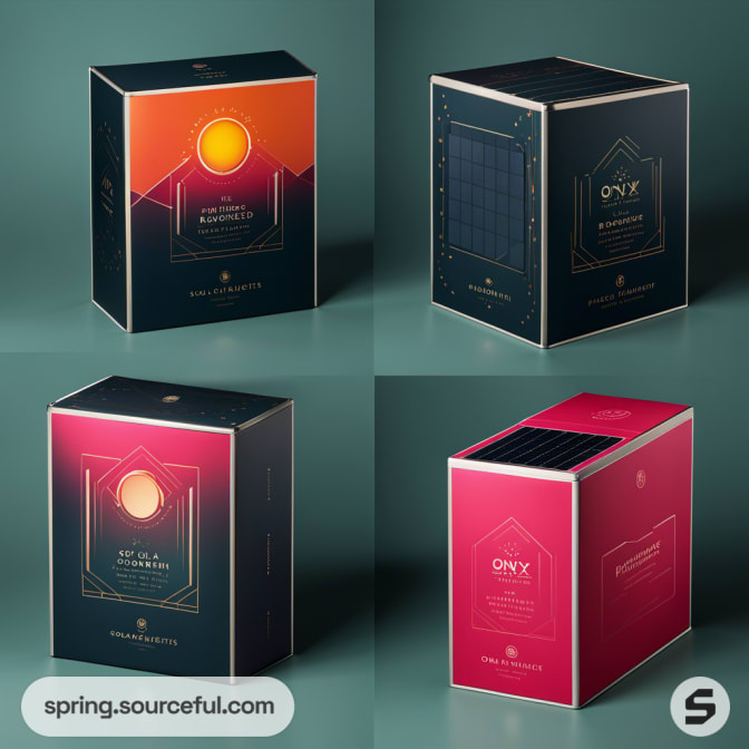Four ornate rectangular boxes with gradient designs and geometric patterns, set against a dark green background.