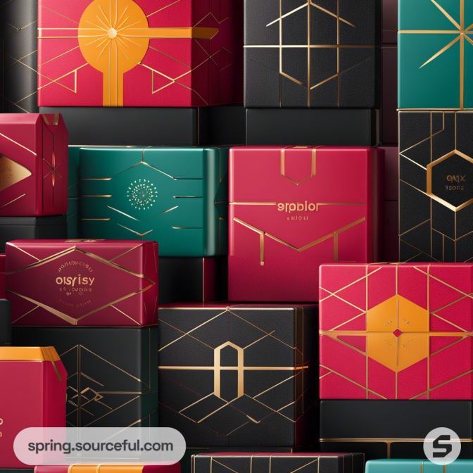 Assorted colorful geometric-patterned boxes with gold accents.