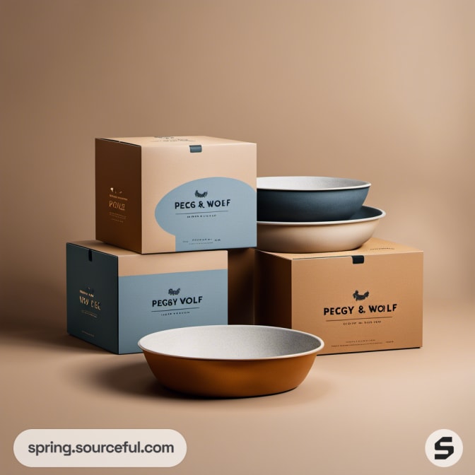 Blue and tan boxes with plates and bowls