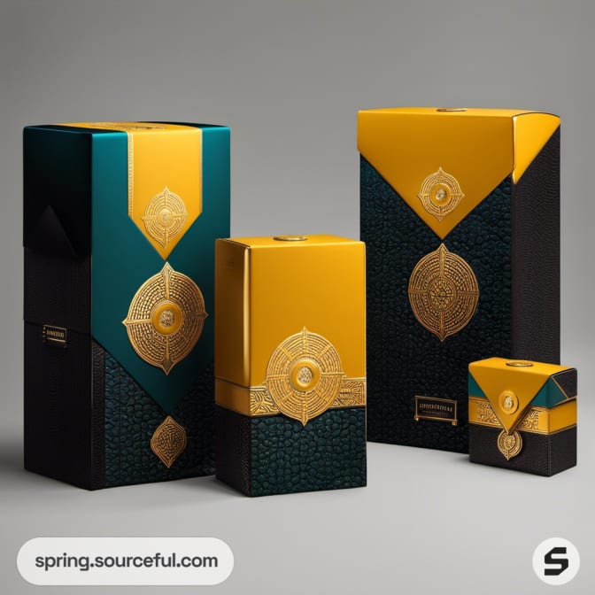 Elegant dark and gold packaging with decorative patterns.