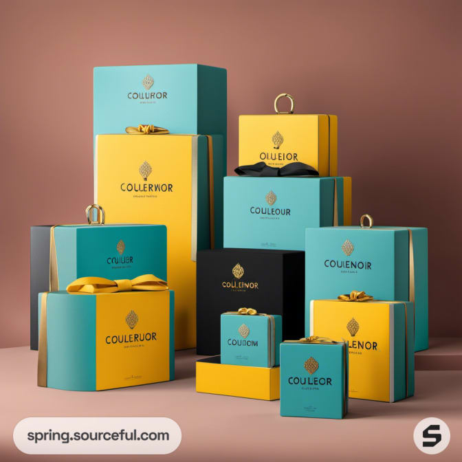 Stylish turquoise and yellow gift bags with logos.