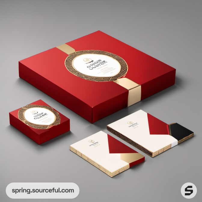 Red and gold luxury packaging with circular patterns.