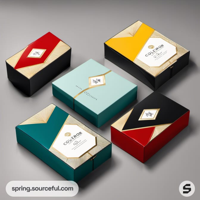 Varied rectangular boxes with bold color designs.