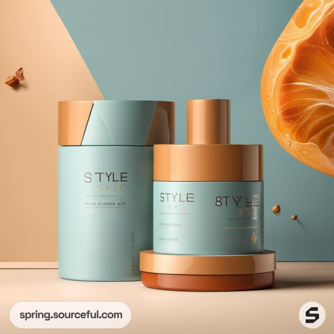 Cylindrical and square packaging in teal and tan, with citrus design in the background.