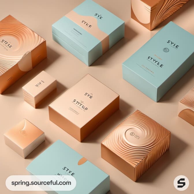 Geometric teal and tan boxes with artistic wave patterns, arranged on a beige surface.