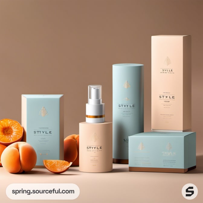 Teal and tan skincare boxes with a central spray bottle, surrounded by fresh oranges.