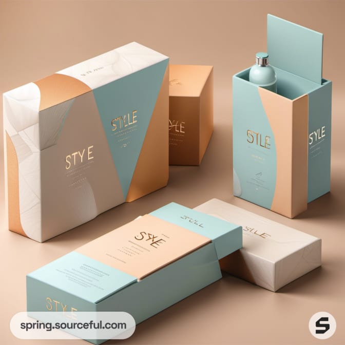 Assorted geometric teal and tan boxes with a sleek, minimalist design on a beige background.