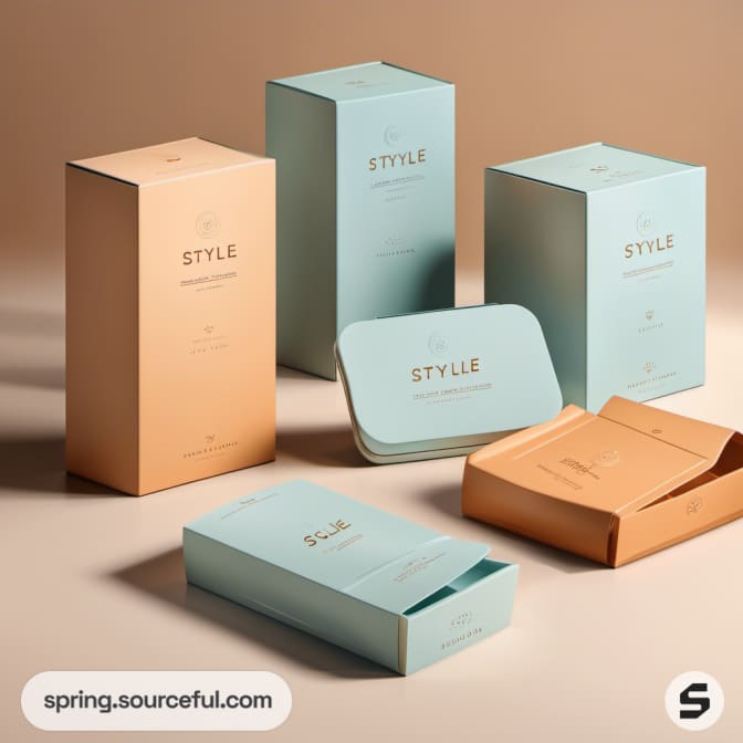 Variety of rectangular teal and tan boxes displayed on a flat surface with elegant typography.