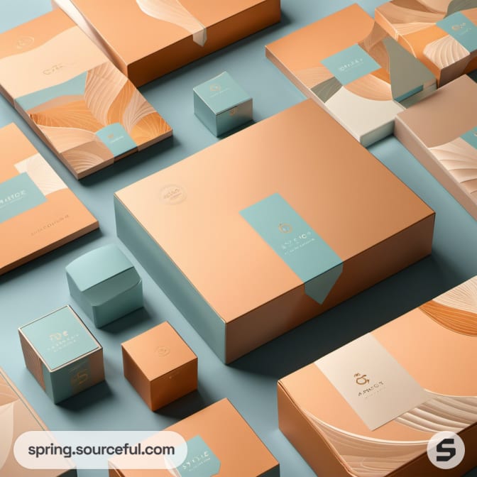 Teal and tan boxes with wave patterns, artistically arranged in a geometric display.