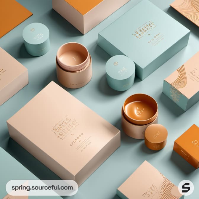 Open and closed teal and tan boxes with circular lids, neatly arranged on a two-tone surface.