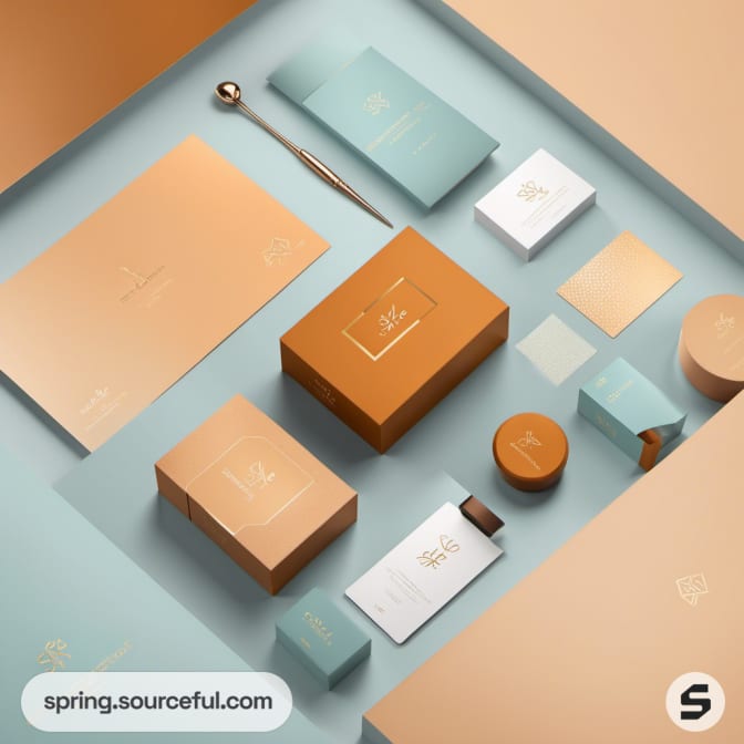 Teal and tan boxes and accessories, creatively arranged on a contrasting background.