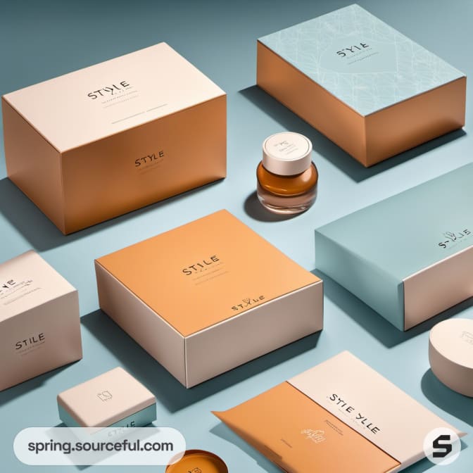 Teal and tan boxes with minimalist designs, showcasing a clean and modern layout.