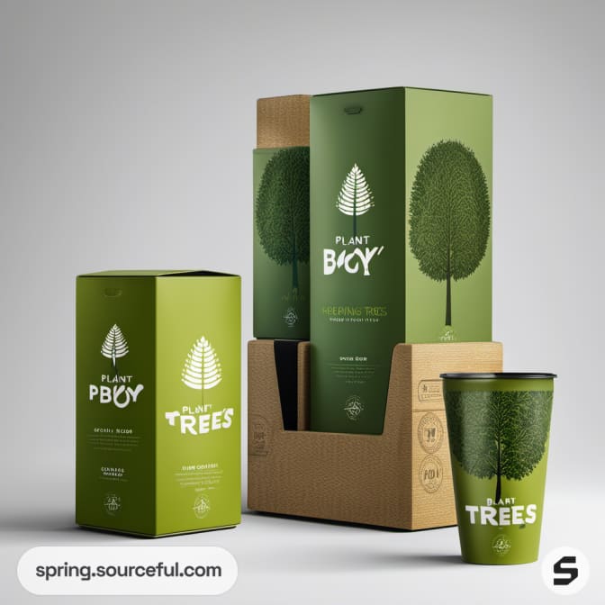 Cardboard boxes and green containers with tree illustrations.