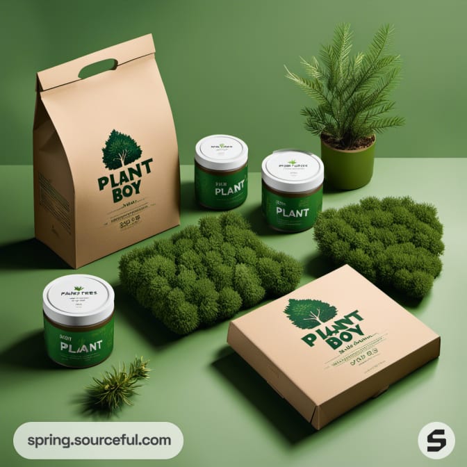 Paper bags and jars with plant-themed labels on green background.