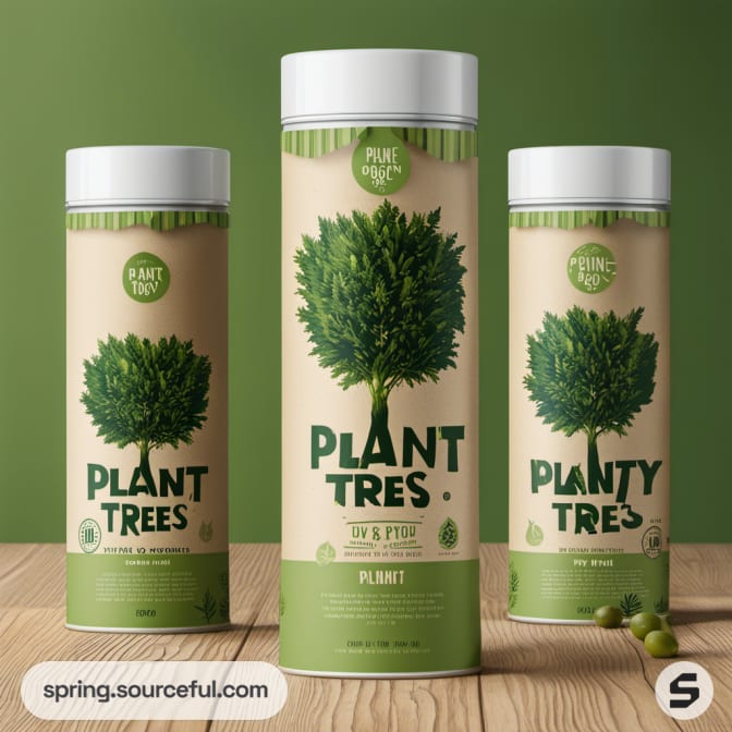 Tall cylindrical containers with plant graphics on wood surface.